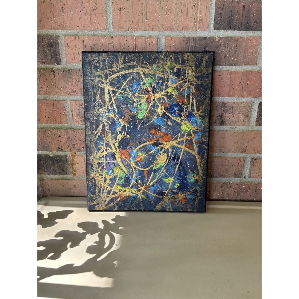 Original 11" X 14" Abstract Splatter Painting Canvas Blue Gold Modern Wall Art - Picture 6 of 7